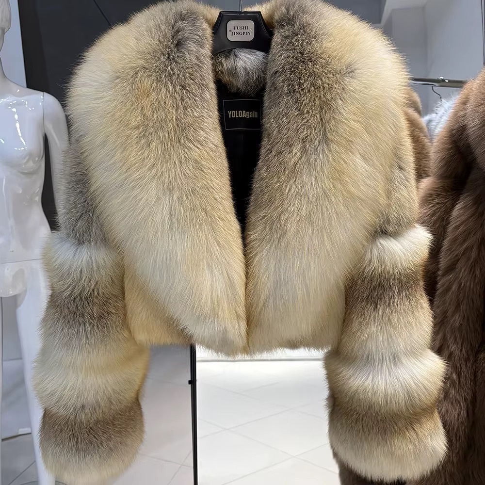 Women's Fox Fur  jacket - Cream and Brown and Tan/ Cognac